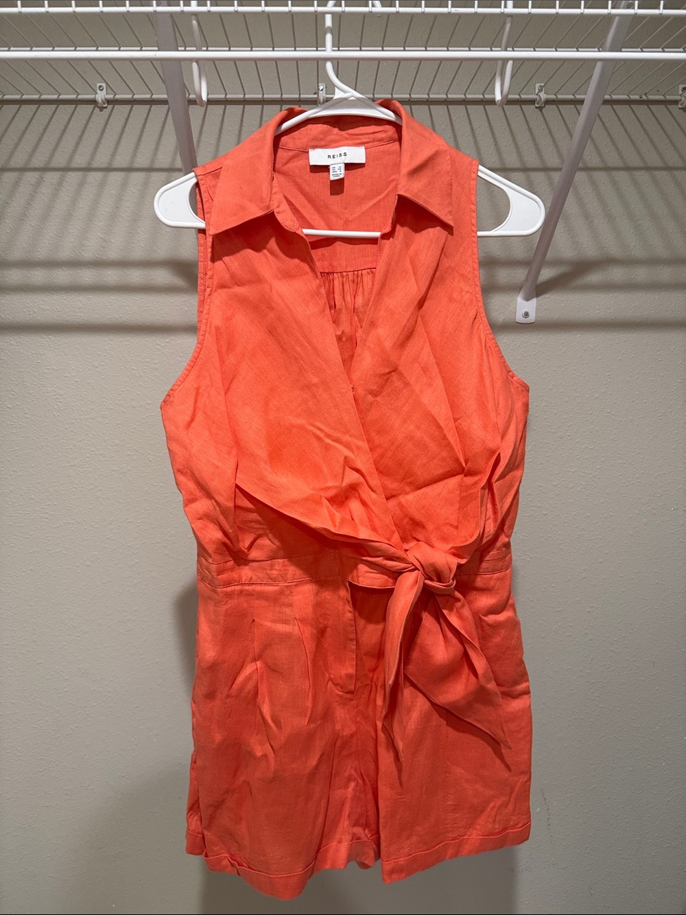 Reiss Sleeveless Wrap Front Tie Waist Romper in Coral